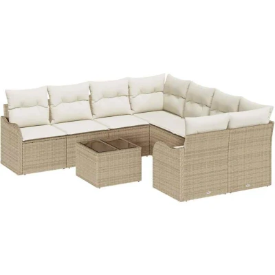 Image of vidaXL 9 Piece Garden Sofa Set with Cushions Beige Poly Rattan