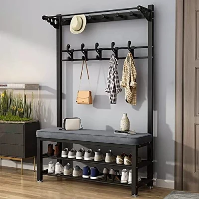 Image of Metal Shoe and Coat Rack for hallway, Stand with 2 Shelves Storage, Industrial Hall Tree Bench, Free Standing Living Room,Hallway L:80/100CM