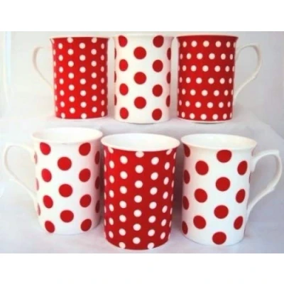 Image of fromeuropewithlove Red Dots &amp; Spots Mugs Fine Bone China Set of 6 Hand Decorated in the UK Free Delivery