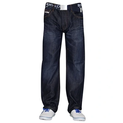Image of New Mens Designer Smith &amp; Jones Jeans Denim Regular Straight Cut Pants Free Belt (40W X 32L, Dark Wash)