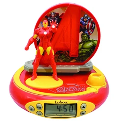 Image of Lexibook Marvel The Avengers Iron Man Projector Clock, Built in Night Light, time Projection onto Ceiling, Sound Effects, Battery Powered, Red/Yellow, Standard