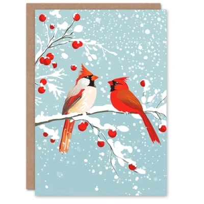 Image of Artery8 Cardinal Birds Snow Berry Tree Blank For Him Or Her Art Xmas Festive Christmas Card