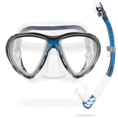 Image of Cressi Big Eyes Evo Alpha Ultra dry snorkel set with and diving mask waterproof anti fog leak tempered glass premium for adults, Clear/Blue