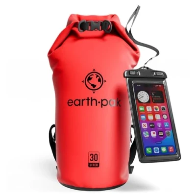 Image of Earth Pak Waterproof Dry Bag Roll Top Sack Keeps Gear for Boating, Hiking, Camping and Fishing with Phone Case (Red, 30L)
