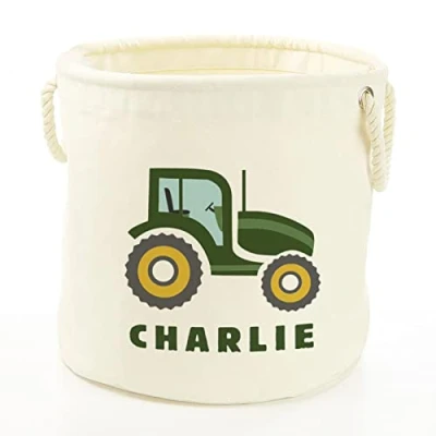 Image of Stickerscape Personalised Green Tractor Storage Trug (Natural Small) Children&#039;s Basket, Toy Storage, Laundry Basket 100% Cotton Canvas Kid&#039;s Bedroom Decor, Nursery Decor