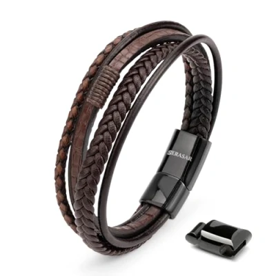 Image of SERASAR Mens Leather Bracelet 17cm Silver Presents Men Gift Box Cowhide Braided Magnetic Clasp Multi Layer Wrap Rope Mans Male Bracelets Band Jewellery Magnet
