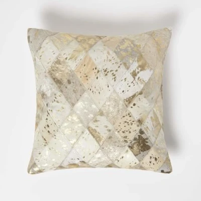 Image of HOMESCAPES Gold &amp; Grey Leather Cushion 45 x cm Geometric With Suede Reverse Real Modern Accent Pillow for Sofa Insert Included