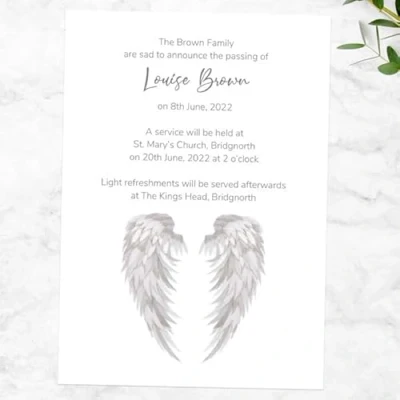 Image of Dotty about Paper Funeral Invitations Grey Angel Wings