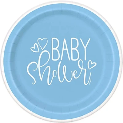 Image of Blue Hearts Baby Shower Round Dinner Plates (48cm) Perfect for Celebrations 8ct