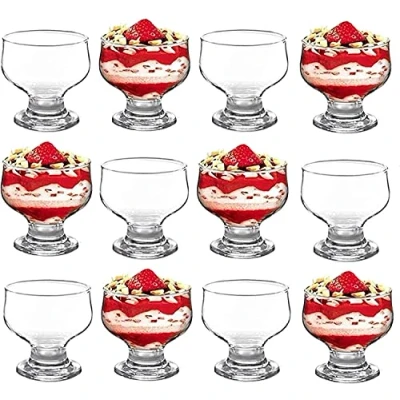 Image of Housetronics Glass Dessert Bowls Sundae Ice Cream Set of 12 Piece Tulip Short Stemmed Prawn Cocktail Glasses Appetiser Fruit Salads Pudding Dishes Footed