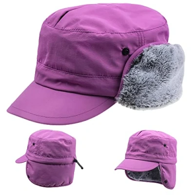 Image of ZffXH Men&#039;s Trapper Hat, Purple Winter Warm Waterproof Baseball Cap Army Cadet Hats with Ear Muffs, Bomber Deerstalker Mens Furs Flap Caps, Peaked Deer Hunting Trooper Military Hat