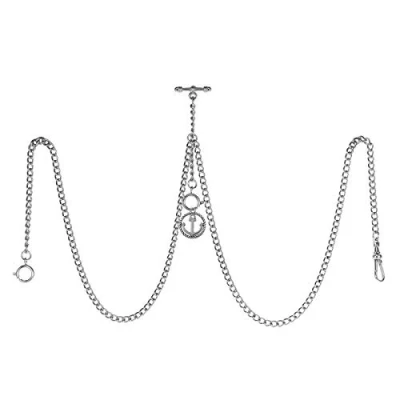 Image of TREEWETO Men&#039;s Double Albert Chain Pocket Watch Curb Link Key 3 Hooks with Antique Anchor Silver Pendant Design Charm Fob T Bar