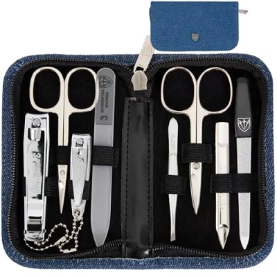 Image of 3 Swords Germany brand quality 8 piece manicure pedicure grooming kit with glass nail file (490)