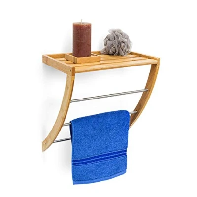 Image of Relaxdays 10019188 all towel holder with 3 rails, 40 x 38 24.5 cm, Wood, Natural Brown