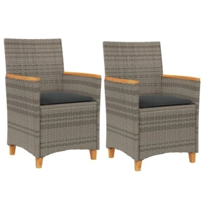 Image of vidaXL Grey Poly Rattan &amp; Solid Wood Outdoor Garden Chairs Set of 2 with Removable Dark Cushions, Weather Resistant Comfortable