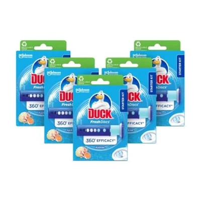 Image of Duck Fresh Discs Toilet Cleaner Starter Kit, Fights Stains That Harbour Germs, Prevents Limescale Build Up, Marine Fragrance, Pack of 5 Kits (Each Kit contains 1 x Holder + Refill Tube)