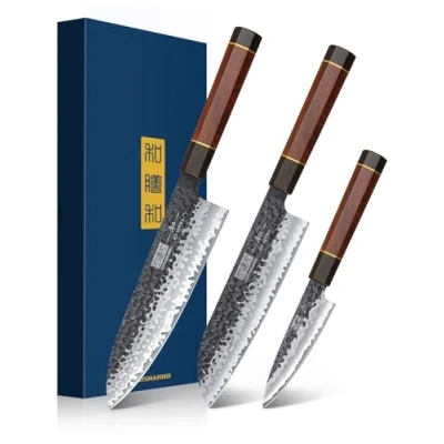 Image of HOSHANHO 3 Pieces Knife Set, Professional VG 10 Super Steel Kitchen Knives Ultra Sharp Japanese Chef Set with Ergonomic Handle &amp; Gift Box