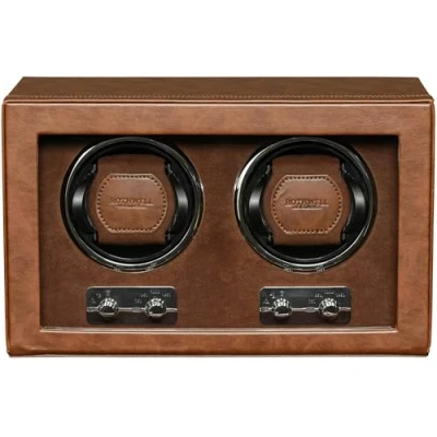 Image of ROTHWELL Double Watch Winder for Automatic Watches with Quiet Motor Multiple Speeds and Rotation Settings (Tan/Brown)