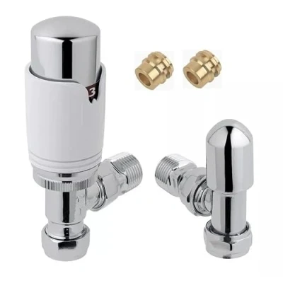 Image of Team Controls Thermostatic Radiator Valve 8mm x 1/2&#039;&#039; Angled TRV Lockshield Pack Chrome/White inc 2no. Inset reducers