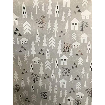 Image of 2 Rolls Grey House Silver Trees Wrapping Paper Christmas 8 metres in Total x 4 metre Wrap Present Gift