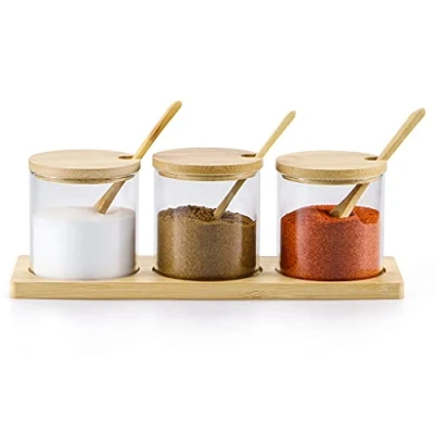 Image of Skelang Glass Jars Spice Jar with Spoon and Lid, Salt Jar, for Storing Food in Kitchen, Tea, Coffee, Sugar, Salt, Set of 3