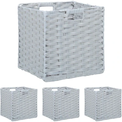Image of Relaxdays Storage Baskets, Set of 4, Wicker Design, Folding Cubes, 31x32x30 cm, Shelf Organiser Boxes, Plastic, Grey, Iron