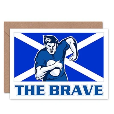 Image of Wee Blue Coo PAINTING SPORT SCOTLAND RUGBY FOOTBALL FLAG BRAVE BLANK GREETINGS CARD