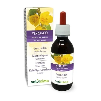 Image of Great Mullein or Common (Verbascum thapsus) Flowers and Leaves Alcohol Free Mother Tincture Naturalma Liquid Extract Drops 120 ml Food Supplement Vegan