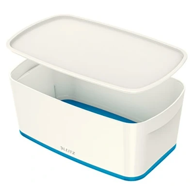 Image of Leitz Small MyBox with Lid, Storage Box for Home and Office, High Gloss Plastic, 5 Litre, A5, White/Blue Metallic