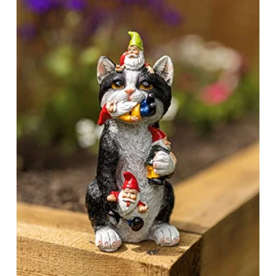Image of Garden Mile Resin Gnome Eating Cat Ornament Colourful Outdoor Indoor Decoration for Home Patio Decking Pondside Flower Bed Standing Novelty Weatherproof Kitten Statue Figurine