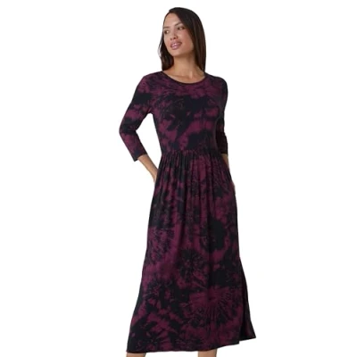 Image of Roman Originals Midi Dress with Pockets for Women UK Ladies Stretchy Jersey Maxi Long 3/4 Length Sleeve Gathered High Waist Boho Flattering Skater Swing Fit Flare Port Size 10