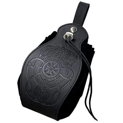 Image of HiiFeuer Medeival Faux Leather Pouch, Portable Drawstring Purse, Vintage Belt Pouch Dice Bag for LARP Ren Faire (Dragon Black)