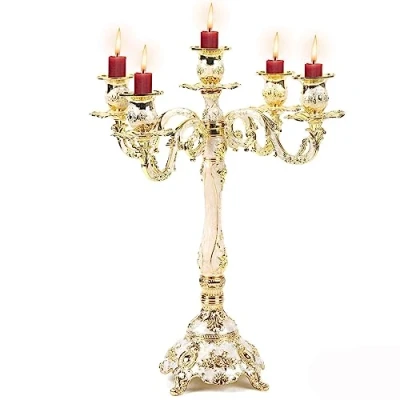 Image of 5 Arms Candle Holder Metal Gold Candelabra Vintage Candlestick for 1 Inch Diameter Pillar Candles Antique Stand Wedding Party Home Decor