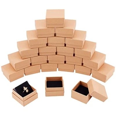 Image of NBEADS 24 Pcs Cardboard Ring Boxes, 5x5x3cm Small Jewellery Gift Boxes Kraft Square Jewelry for Earrings and Storage Christmas