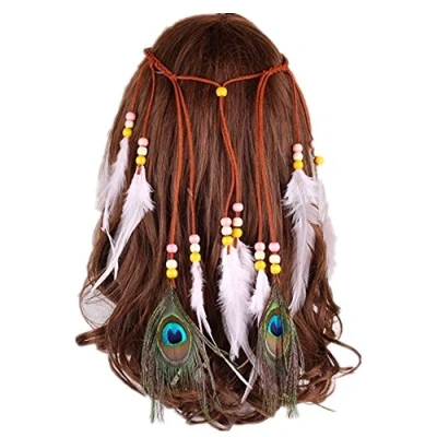Image of Zhiheng Indian Headdress with 2pcs Peacock Feathers 8pcs Ostrich Hippie Headband Boho Headwear Carnival Head Pieces Hair Accessories for Party Favors (Pink)