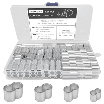 Image of 124 Pieces 4 Sizes Wire Rope Crimping Sleeves Aluminum 5 mm 6 7 8 Cable Crimps Clip Clamp Fittings for Bungee Cord Elastic String