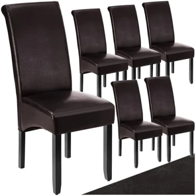 Image of TecTake® Set of 6 Dining Chairs with Faux Leather Covers &amp; Solid Hardwood Legs, Chair Ergonomic Design, Padding High Backrests, Ideal as Kitchen Brown