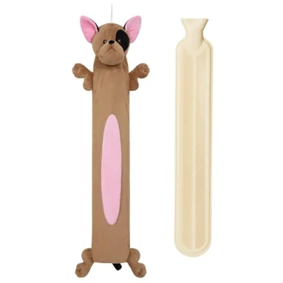 Image of Hot Water Bottle with Animal Fleece Cover 1 or 2 Litre Capacity Natural Rubber Long Plush Cute Cosy Gifts (French Bulldog Long)