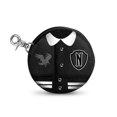 Image of Wednesday Varsity Casual Cookie Coin Purse, Black, 8.7 x cm