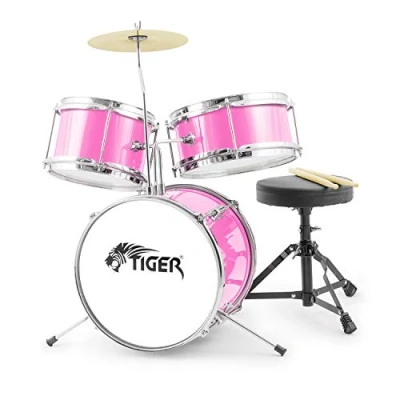 Image of TIGER JDS7 PK Junior Kids Drum Kit 3 Piece Beginners Childrens Set with Snare, Tom, Bass Drum, Pedal, Cymbal, Throne and Sticks Pink
