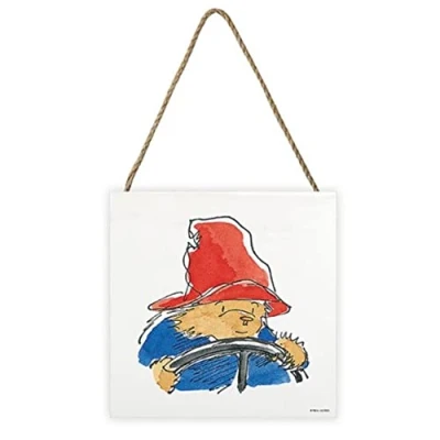 Image of Pyramid International Paddington Bear Artwork (Driving with Design) 20cm x 3cm Woodblock Hanging Cord Official Merchandise ​, Blue,Gold,Red