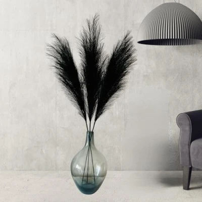 Image of Faux Black Pampas Grass Fluffy x 3 Stems, Tall Artificial Large Ornaments Living Room Accessories, Feathers for Floor Vase, Halloween Home Decor, 116cm/45in Long