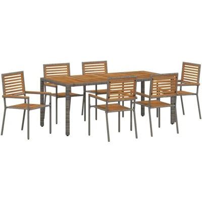 Image of vidaXL 7 Piece Garden Dining Set Grey Poly Rattan Acacia