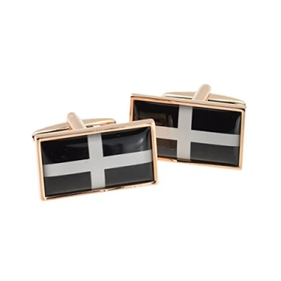 Image of Cornish Flag of St Piran in Rose Gold Frame Cufflinks a Black Leatherette Box X2N9957 CORNWALL XCBOX