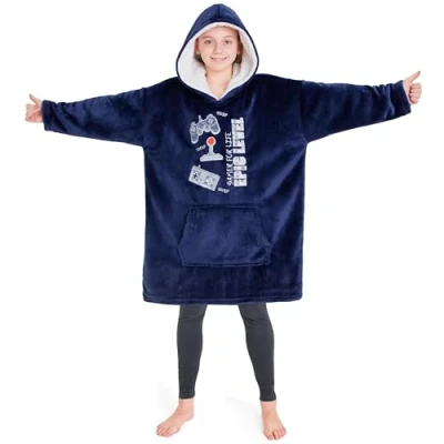 Image of CityComfort Fleece Hoodie Blanket for Kids and Teenagers Football One Size Oversized with Sherpa Lined Hood Gaming Gifts (Blue Gaming)