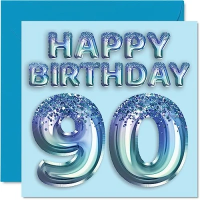 Image of 90th Birthday Card for Men Blue Glitter Party Balloon Happy Cards 90 Year Old Man Great Grandpa Grandad Dad Gran, 145mm x Ninety Ninetieth Bday Greeting Gift