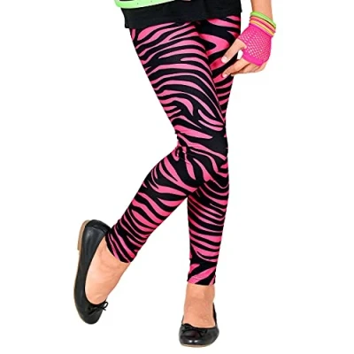 Image of Widmann Leggings for children 80s, tiger print, neon pink, animal disco fever, bad button, striped pattern, theme party, carnival
