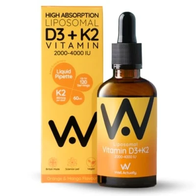 Image of WELL ACTUALLY Liposomal Vitamin D3 + K2 Liquid Pipette High Absorption Vegan 4000 IU &amp; 7 160mcg as Menaquinone MK Orange Mango (up to 120 Servings)