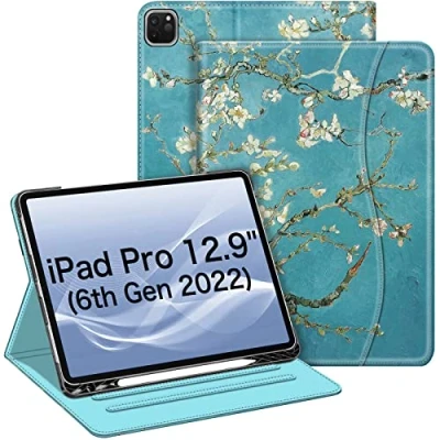 Image of FINTIE Case Compatible with iPad Pro 12.9 inch (2022/2021/2020/2018, 6th/5th/4th/3rd Generation), Multi Angle Smart Stand Cover w/Pencil Holder &amp; Pocket, Auto Sleep/Wake, Blossom