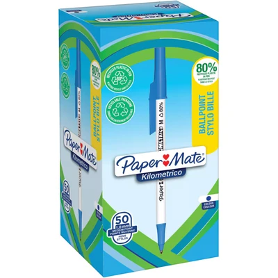 Image of Paper Mate Kilometrico Ballpoint Pens Long Writing with Medium Point (1.0mm) Blue Ink 80% Recycled Plastic 50 Count